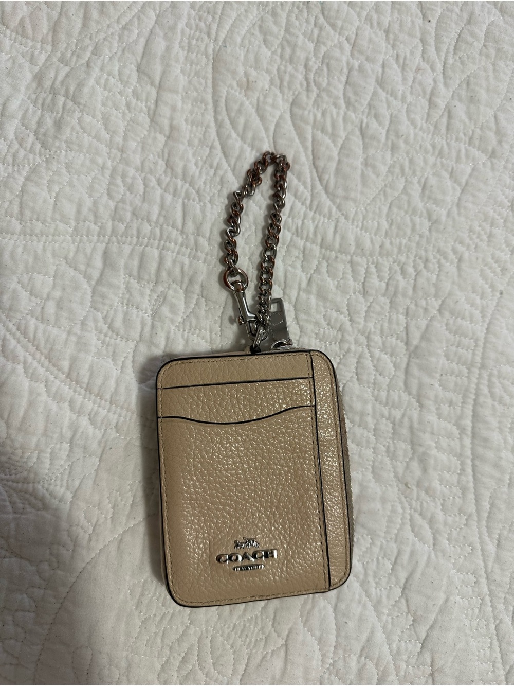 Coach Pebbled Leather Card Case with Chain in Taupe